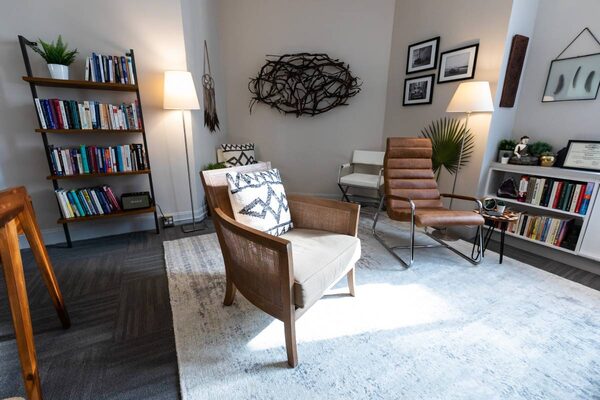 Seating area in Jennifer Roy's therapy office
