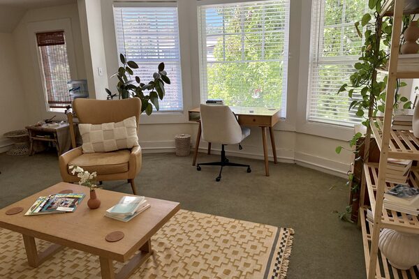 A sunlit seating area in the San Rafael therapy office, with an armchair, desk, and plants